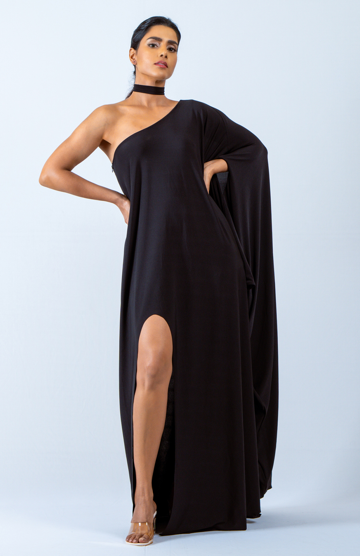 One-Shoulder-Kaftan-Drape-Slit-Maxi-Dress—Black-1