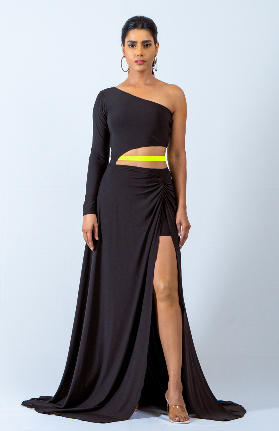 One-Shoulder-Sleeve-Cutout-Slit-Maxi-Dress—Black-1