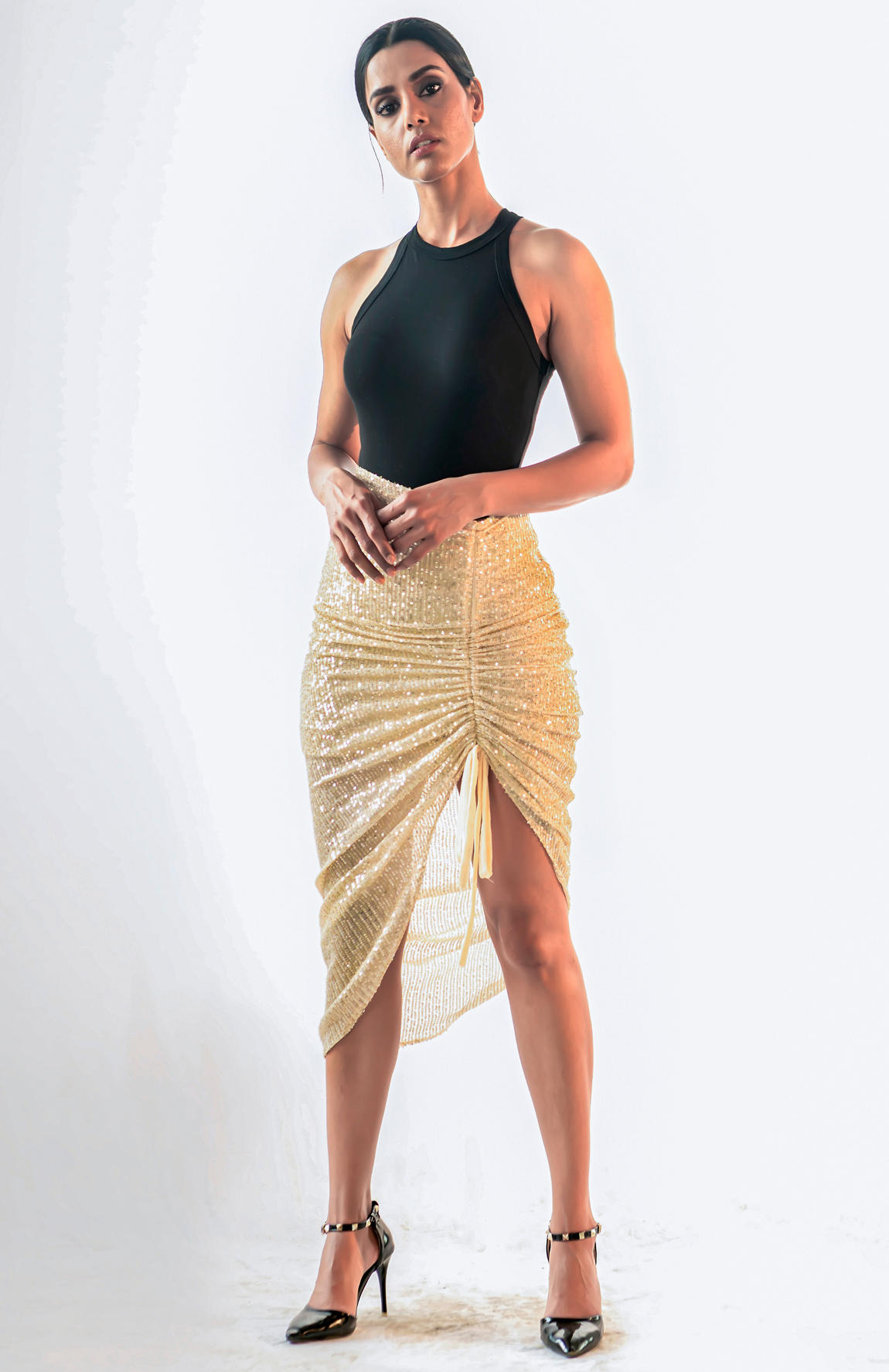 Sequin Ruched Midi Party Skirt – Gold 1