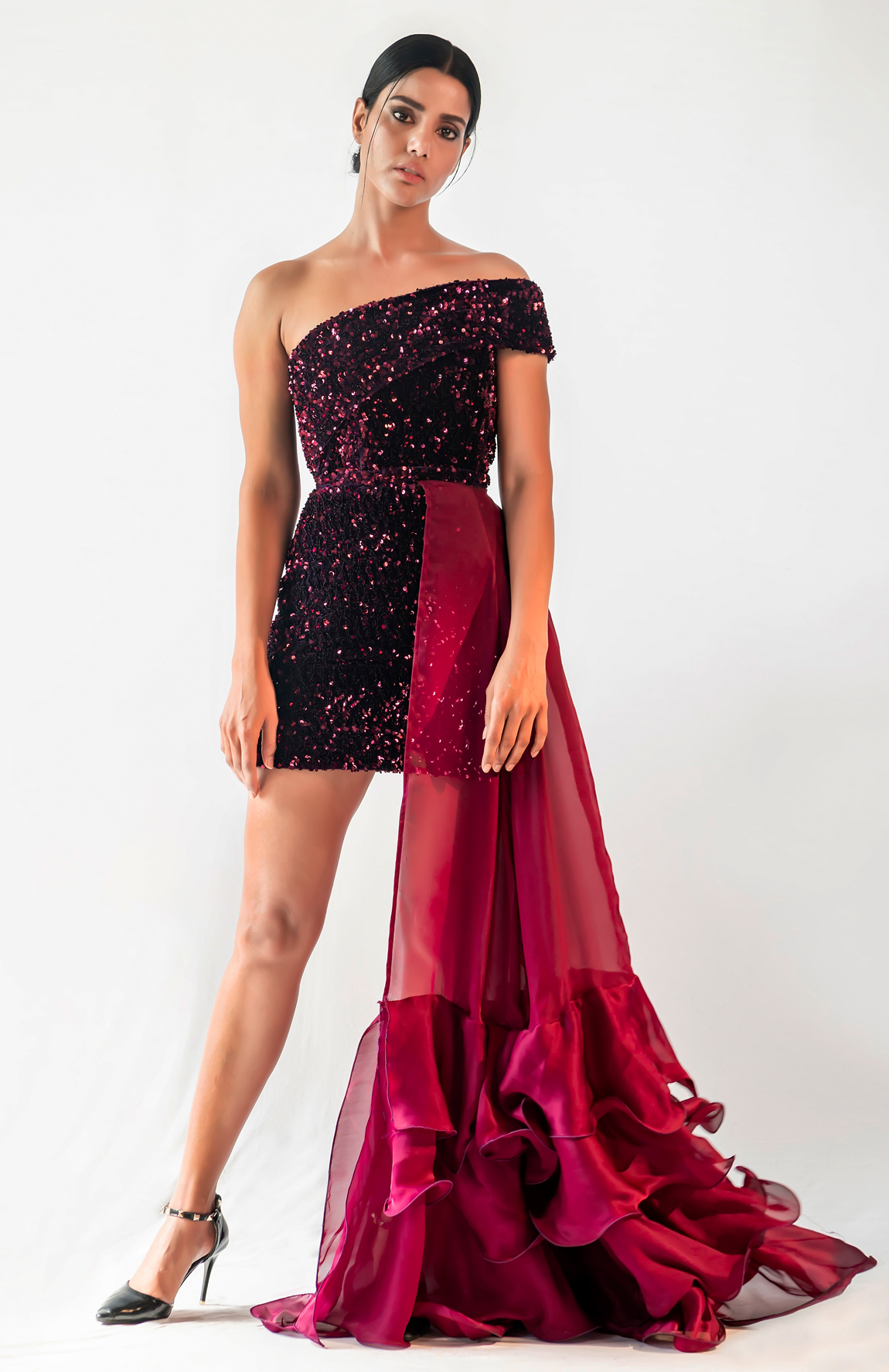 Sequin & Satin Ruffle Cape Gown – Wine Red 1