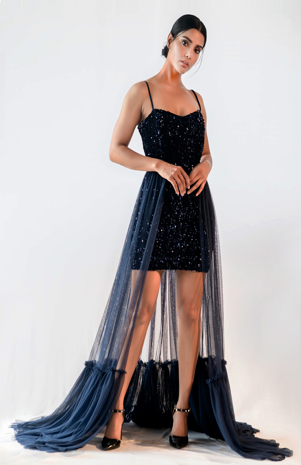 Sequin & Tulle Cape Cocktail Gown – Dark Blue 1