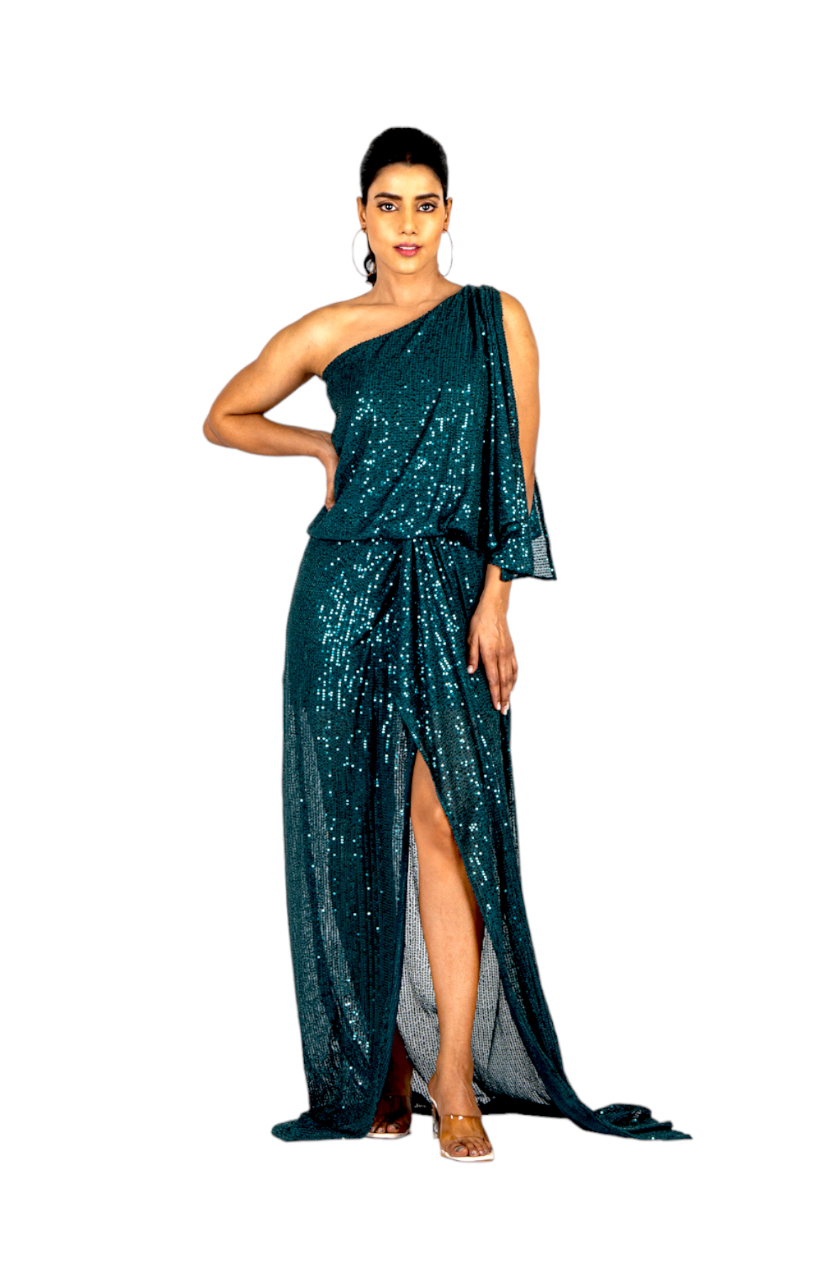 Sequin One Shoulder Gown Dress – Emerald Green 3